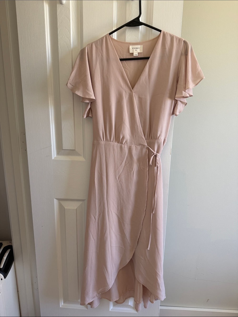 Everly Dusty Blush Wrap Midi Dress with Flutter Sleeves